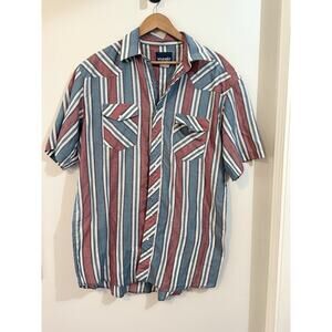 Vtg Wrangler Shirt Mens 16 1/2 Tall Striped Pearl Snap Short Sleeve Western